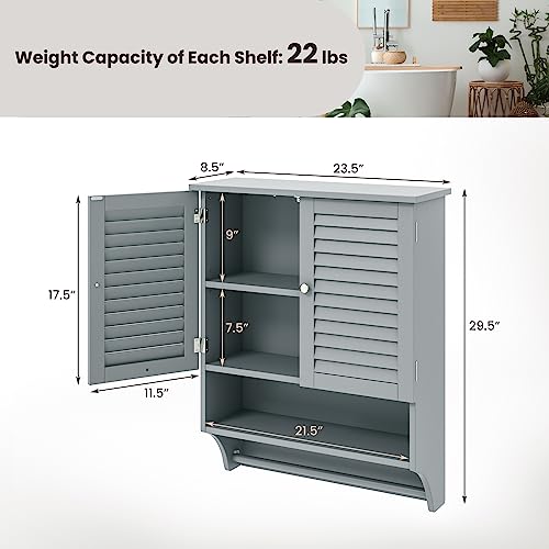 Tangkula Wall Mounted Bathroom Cabinet with Open Shelf & Bar, Medicine Cabinet with Double Louvered Doors, Wall Storage Cabinet with Adjustable Shelf, for Bathroom Living Room Kitchen (Grey) - color: Grey