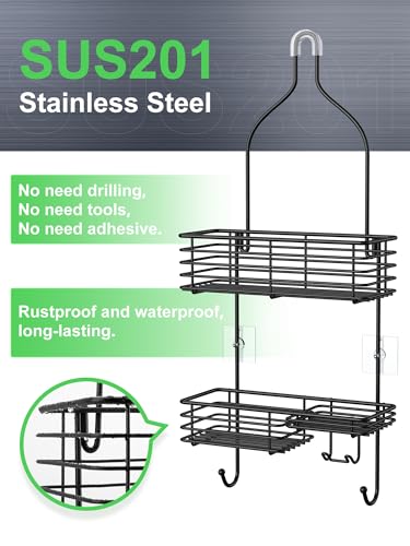 SMARTAKE Hanging Shower Head Caddy, Rustproof Bathroom Shower Shelf Organizer, SUS201 Stainless Steel Over The Storage Rack, for Toilet, Bathroom, Black - color: 02-Black