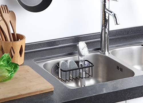 SunnyPoint NeverRust Deluxe Kitchen & Bathroom Sink Sponge Holder Organizer with Adhesive Mount - Additional Suction Cup Included – Sponge & Brush NOT Included – 7.4 x 3.3 x 2.75 Inch (Mat Black) - color: Mat Black