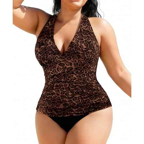 Popilush One Piece Swimsuit Women - Tummy Cnotrol Halter V Neck Leopard Swimsuits Push Up Bathing Suit Built in Shapewer
