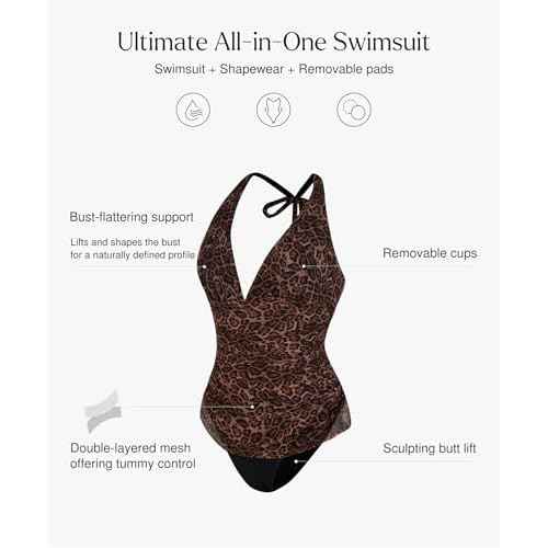 Popilush One Piece Swimsuit Women - Tummy Cnotrol Halter V Neck Leopard Swimsuits Push Up Bathing Suit Built in Shapewer