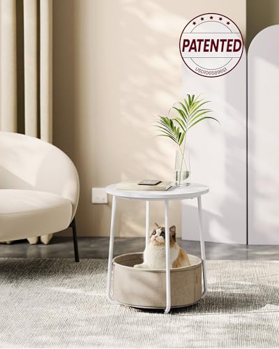 VASAGLE Nightstands, Set of 2 Small Round Side Tables with Fabric Basket, Bedside End Tables, for Bedroom, Matte White and Camel Brown ULCT665W01 - color: Matte White + Camel Brown