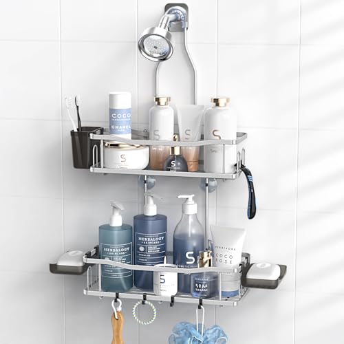 Aitatty Hanging Shower Caddy Bathroom Organizer: Rustproof Shower Shelf Racks Over Shower Head - No Drilling Inside Bath Shower Rack Shelves Over Showerhead for Shampoo with Soap Holder Black - color: Chrome