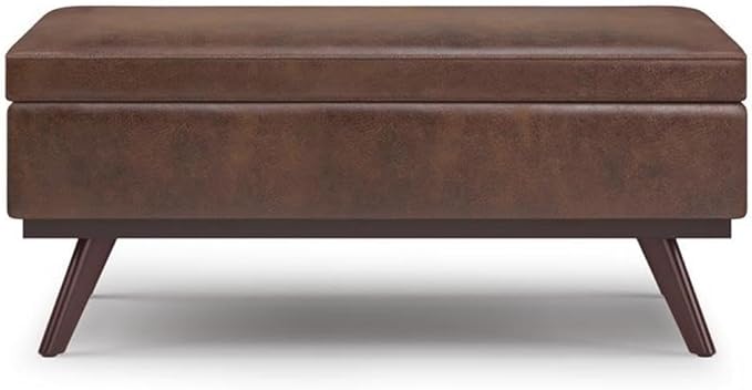 SIMPLIHOME Owen Lift Top Coffee Table Storage Ottoman - 42 inch Wide Upholstered Vegan Leather Rectangular Lift-Top Ottoman in Distressed Chestnut Brown, Mid-Century Modern Ottoman for Living Room