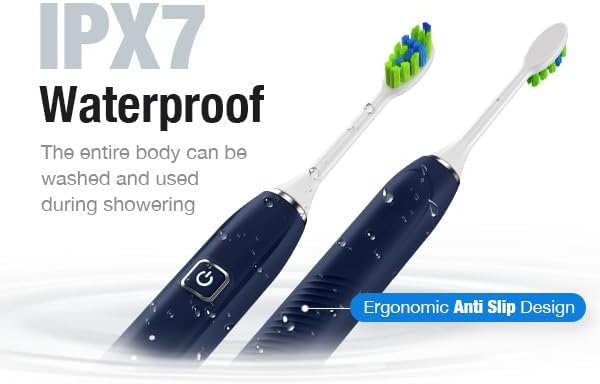 7AM2M Ultrasonic Electric Toothbrush with 6 Brush Heads for Adults&Kids, Type C Rechargeable, One Charge for 120 Days, 5 Modes&40000VPM Powered Toothbrush, 2 Minutes Built in Smart Timer (Navy Blue)