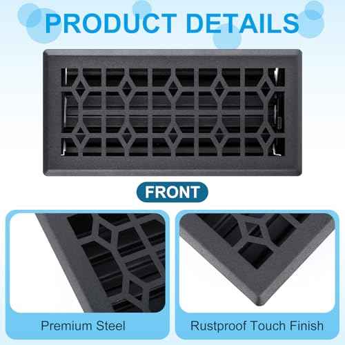 Zonon 4 Pcs Floor Vent Cover 4 x 10 Inch Black Walkable Floor Register Bulk Heavy Duty Register Metal Decorative Vent Cover with Adjust Air Damper Rust Proof Finish for Home