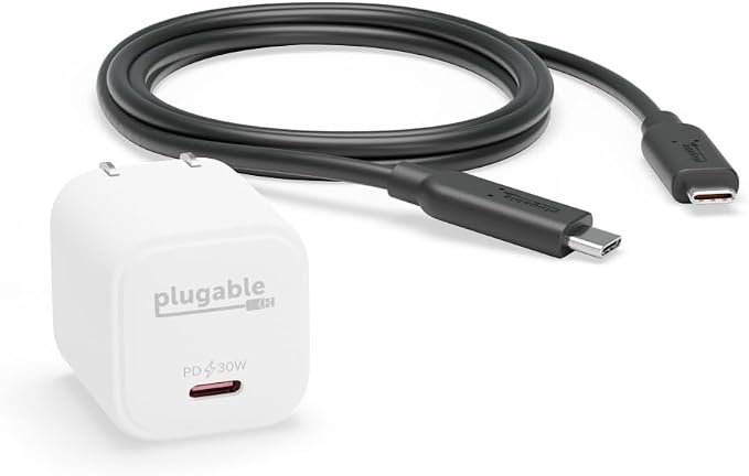 Plugable GaN USB C White Charger Block with 10Gbps USB C to USB C Cable Bundle