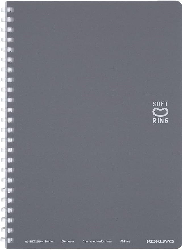 KOKUYO Spiral Lined Notebook, 8.3'' x 5.8'' Pastel Journal A5 Soft Ring Notebooks with Dot 6 mm Ruled, 50 Sheets, Dark Gray 1 Subject Notebook, Note Taking for School. Japan Import (SU-SV331BT-DM)