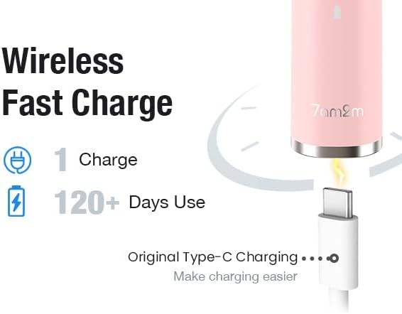 7AM2M Ultrasonic Pink Electric Toothbrush with 6 Brush Heads for Adults&Kids, Type C Rechargeable, One Charge for 120 Days, 5 Modes&40000VPM Powered Toothbrush, 2 Minutes Built in Smart Timer (Pink)