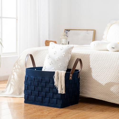 boldmonkey Blankets Basket 16.5 " x13 x13 , Extra Large Rectangular Laundry Hamper with Leather Handle, Soft Dog Toy Basket for Storage-Navy Blue - color: Navy Blue