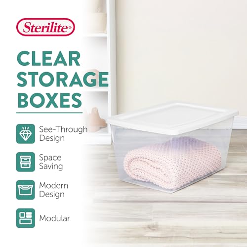 Sterilite 16 Pack Storage Box, 58 Quart Stackable Tote, Clear Plastic Container with Secure Snapping Lids for Home and Office Organization, White - size: 58 Quart, style: 16