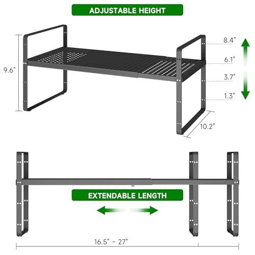 Expandable Kitchen Cabinet Shelf Organizer Rack Heavy Duty Metal Spice Rack Stackable Kitchen Counter Storage Shelf for Kitchen Cabinet Pantry Bathroom (Black - 16.5"-27" L x 10.2" W x 9.6" H - 1Pack) - color: Black - 16.5"-27" L X 10.2" W X 9.6" H - 1pac