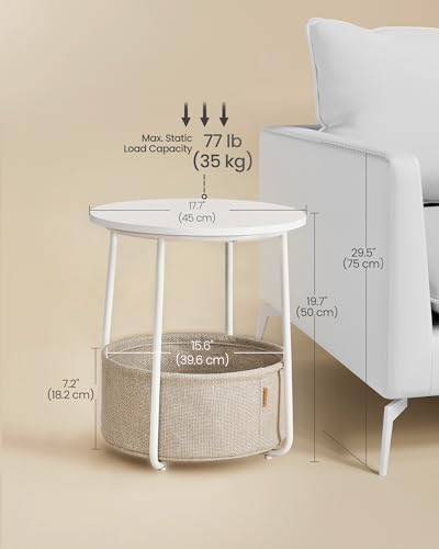 VASAGLE Nightstands, Set of 2 Small Round Side Tables with Fabric Basket, Bedside End Tables, for Bedroom, Matte White and Camel Brown ULCT665W01 - color: Matte White + Camel Brown