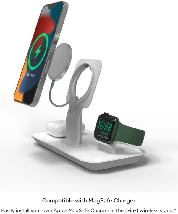 MOPHIE 3-in-1 Wireless Quick-Charger Fast Wireless Charging Dock - Magnetic Charge Stand for iPhone 16/15/14/13/12 Apple Watch Airpods Charging for Three Devices (Renewed)