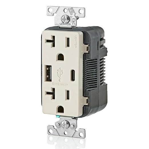 Leviton Type A &amp Type-C USB In-Wall Charger with 20A Tamper-Resistant Outlet USB Charger for Smartphones and Tablets. Not for Laptops T5833-E Black