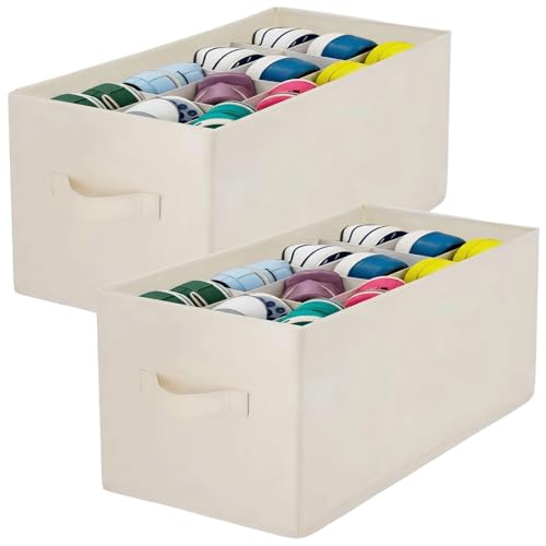 ZALIR 2 Pcs 12-Grid Shoe Organizer Bins, Foldable Cotton Linen Fabric Storage with Bottom Support Board, Space-Saving Foldable Container, 17.7 x 11.8 x 9.8 in for Closet Wardrobe Clothes