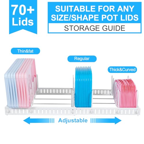 X-cosrack Expandable Food Container Lid Organizer,Large Capacity Adjustable 10 Dividers Detachable Lid Organizer Rack for Cabinets, Cupboards, Pantry Shelves, Drawers to Keep Kitchen Tidy,White - color: White