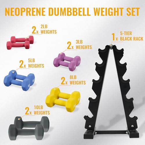 Fitvids Neoprene Coated Dumbbell Set with Rack, Free Hand Weight Set For Home Gym Workout, Anti-Slip, Anti-roll, Multiple Weight Options, 20LBS, 32LBS, 50LBS and 56LBS Sets