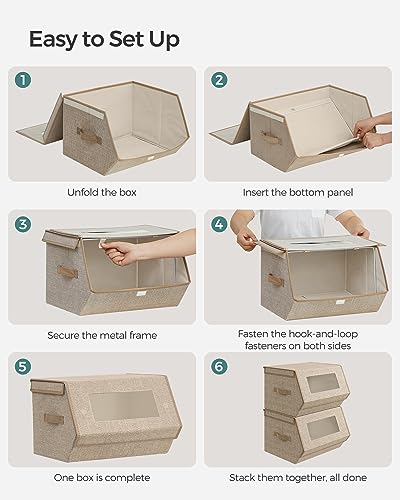 SONGMICS Stackable Storage Bins Set of 2, Storage Boxes with Lids and Front Windows, Non-Woven Fabric Closet Organizers with Magnetic Closures, Side Handles, Sand Beige URLB002Y01 - color: Sand Beige