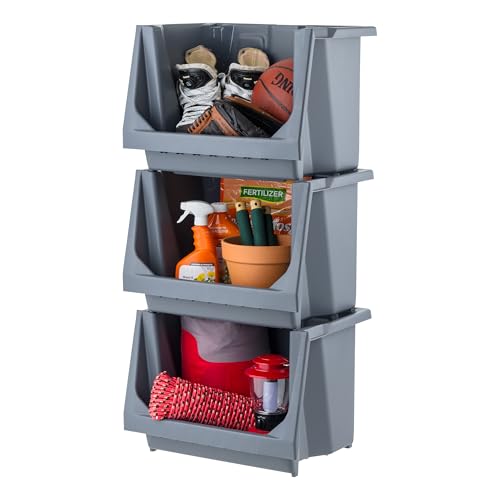 IRIS USA Open Front Storage Bins, Large - 3 Pack, Heavy Duty Garage Storage, Stackable Storage Bins, Tools Hose Household Product Sporting Goods, Wide Open Front, Interlocked Secure Stacking, Gray - size: Large - 3 Pack