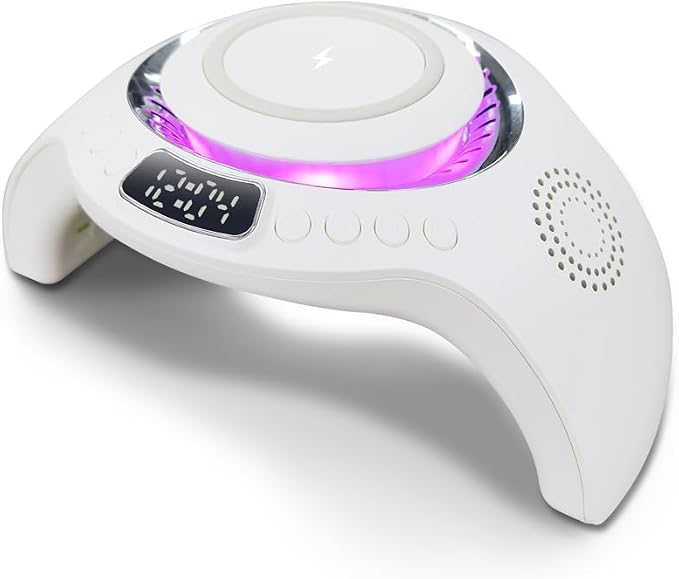 5 in 1 mutifunction Mobile Wireless Charger with Bluetooth Speaker UV Nail Lights Clock AlarmNight Light