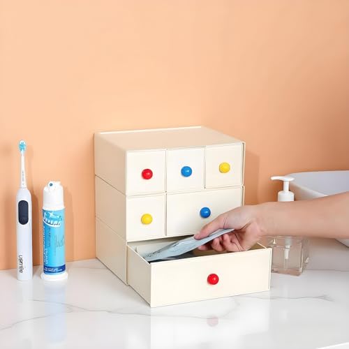 Desktop Storage Drawers, Plastic Desk Organizer with 1 Large Drawer, Modular Stackable Toolbox Units for Office Stationary, Makeup Container, Bathroom Countertop (1 Tall Layer, Cream) - color: 1 Tall Layer & 1 Drawer, Cream
