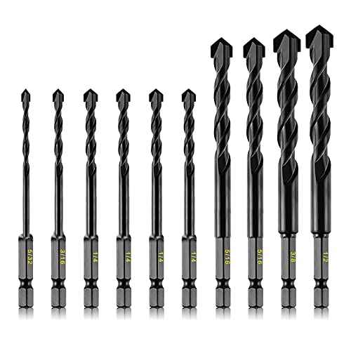10-Piece Masonry Drill Bits Kit for Concrete, Stone, Carbide Drill Bit Set for Glass, Brick, Tile, Plastic, Ceramic and Wood Size 5/32 to 1/2 inch