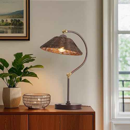 Woven Rattan Bedside Table Lamp for Bedroom, Boho Plug in Handmade Rattan Shade & Anti-Rust Iron Base Desk Lamp, Plug & Play Vintage Dark Brown Nightstand Lamp for Living Room, Office ¡¼Bulb Included¡½