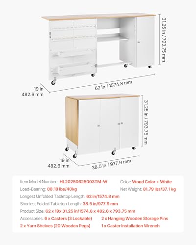 VEVOR Folding Sewing Table, Multipurpose Sewing Machine Table with Cabinet, Charging Station, Compact Design, Wheels, Wooden Pegs, Storage Trays and Shelf, Craft Station and Side Desk for Home - size: Natural White w/ Cabinet