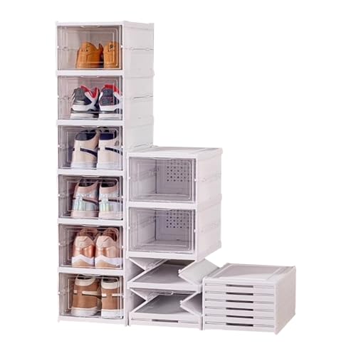 Foldable Shoe Rack,No Assembly Stackable Shoe Storage Box with Doors,Free Standing Plastic Space Saving Shoe Cabinet Bins Dustproof,Folding Shoe Box Organizers (6 Tier-6 Pairs White) - size: 6 Tier-6 Pairs White