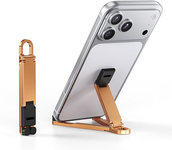 Portable Phone Stand Foldable EDC Keychain Phone Holder with Snap Hook Mini Aluminum Travel Cell Phone Stand for iPhone and Smartphones Under 8 Inches(Black)