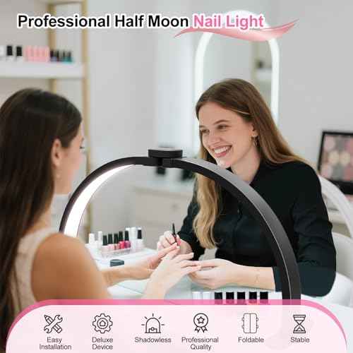 Nail Half Moon Light: Big LED Arch Nail Tech Table Lamp with Phone Holder - Salon Professional Desk Light 3 Mode Lighting Manicure Technician Use