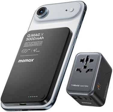 MOMAX Travel Essentials Bundle 6-in-1 70W Universal Travel Adapter GaN + Magnetic Wireless Power Bank 5000mAh
