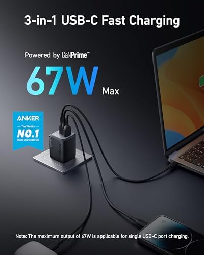 Anker Prime 67W USB C Charger Anker GaN 3-Port Compact Fast PPS Wall Charger For MacBook Pro/Air Pixelbook iPad Pro iPhone 15/14/Pro Galaxy S23/S22 Note20 Pixel Apple Watch with Upgraded Anke