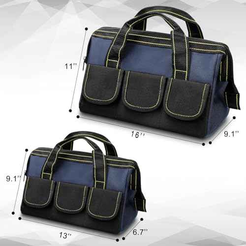 Cunno 2 Pcs Tool Bag with Waterproof Strong Molded Base Multi Pockets Wide Mouth Tool Tote Multifunctional Tool Bag Organizer Large Capacity Heavy Duty Tool Storage Bag(Blue,18 Inch, 13 Inch)