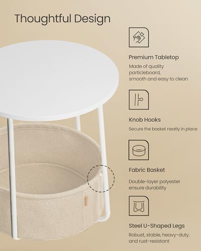 VASAGLE Nightstands, Set of 2 Small Round Side Tables with Fabric Basket, Bedside End Tables, for Bedroom, Matte White and Camel Brown ULCT665W01 - color: Matte White + Camel Brown