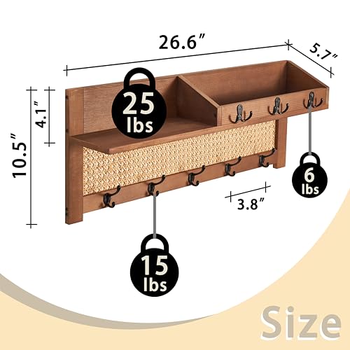 Coat Rack Wall Mount with Hooks & Shelf - Wooden Entryway Organizer for Hanging Coats, Keys, Hangers - Space Saving Durable Wood Holder for Hallway, Bedroom, Office-The Rattan Model