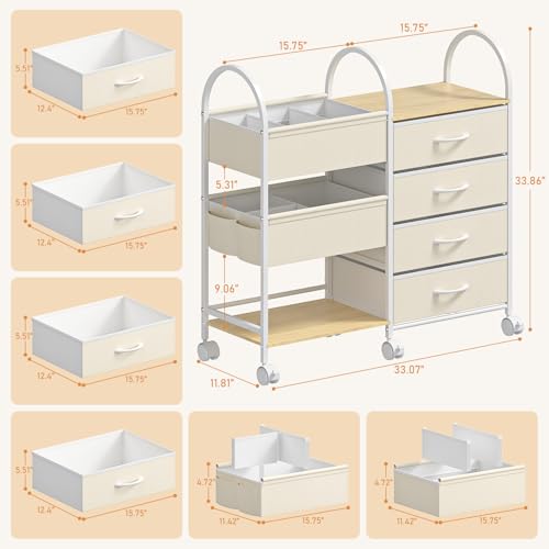 Baby Organizer and Storage Cart, 4-Tier Rolling Utility Cart with Wheels, Dividers and Drawers, Easy to Assemble for Nursery, Bedroom & Changing Table, White - color: White