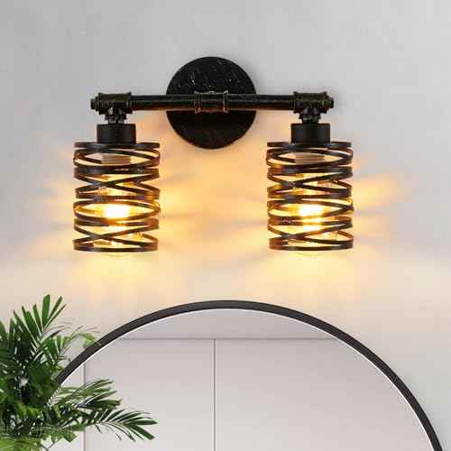 Farmhouse Bathroom Light fixtures, 2 Light Bathroom Lights Over Mirror, Industrial Brushed Bronze Vanity Light with Metal Cage, Sconces Wall Lighting for Cabinet Dressing Table Bedroom