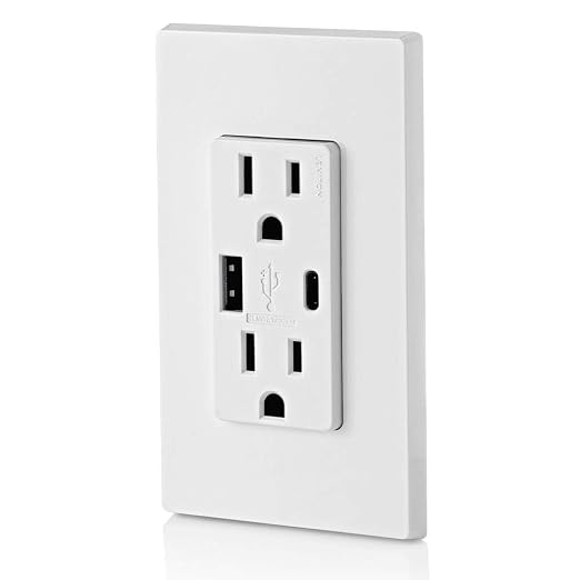 Leviton 30W (6A) USB Dual Type-C/C Power Delivery In-Wall Charger with 15A Tamper-Resistant Outlet USB Charger for Smartphones Tablets Laptops T5635-E Black