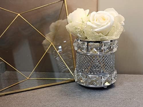 CY craft Silver Makeup Brush Holder Organizer,Handcrafted Vintage Cosmetics Brushes Eyebrow Pencil Pen Cup Collection, Crystal Flower Vase Desk Dresser Decoration and Storage,4.7 x 4 Inch