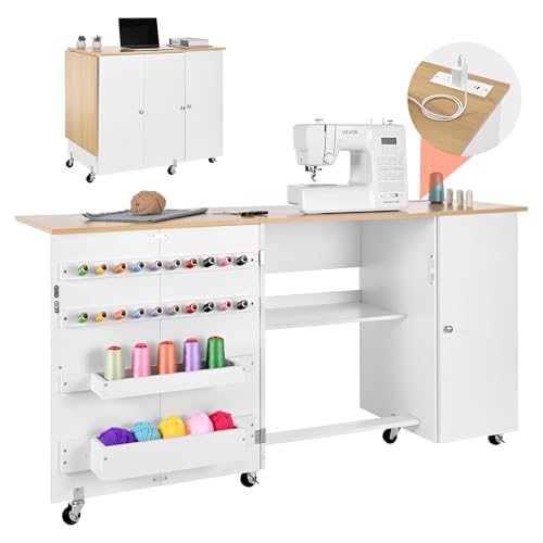 VEVOR Folding Sewing Table, Multipurpose Sewing Machine Table with Cabinet, Charging Station, Compact Design, Wheels, Wooden Pegs, Storage Trays and Shelf, Craft Station and Side Desk for Home - size: Natural White w/ Cabinet