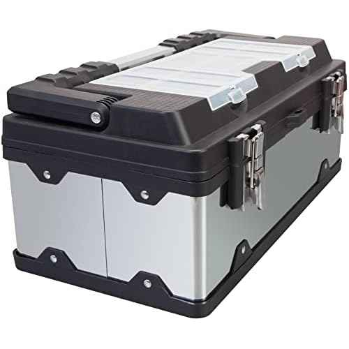 TCE 18-Inch Tool Box Stainless Steel&Plastic Portable Toolbox Storage Organizer with Long Handle and Removable Tray for Home Garage Workshop,A5519BU