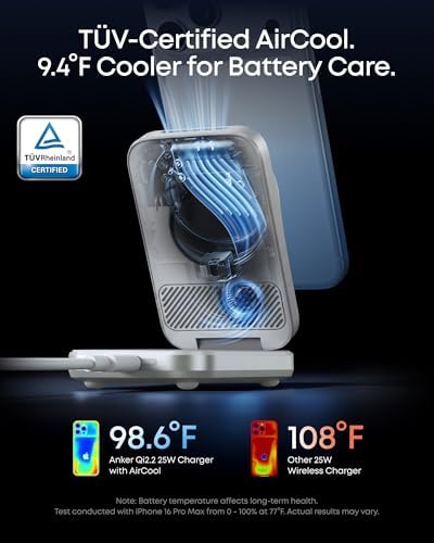 Anker 313 Wireless Charger (Stand) &amp Prime Foldable MagSafe Charger 25W Qi2.2-Certified Palm-Sized Travel-Ready 3-in-1 Charging Station AirCool Wireless Charger for iPhone 17