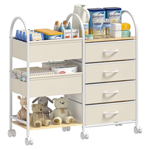 Baby Organizer and Storage Cart, 4-Tier Rolling Utility Cart with Wheels, Dividers and Drawers, Easy to Assemble for Nursery, Bedroom & Changing Table, White - color: White
