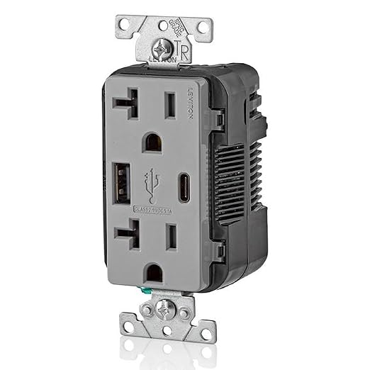 Leviton Type A &amp Type-C USB In-Wall Charger with 20A Tamper-Resistant Outlet USB Charger for Smartphones and Tablets. Not for Laptops T5833-E Black