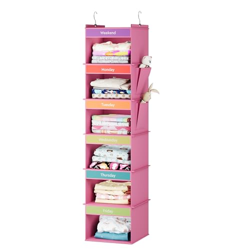 YOUDENOVA 6-Shelf Weekly Hanging Closet Organizer, Weekly Clothes Organizers for Kids with 2 Side Pockets, Pink - color: Pink