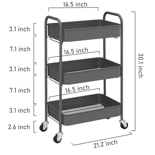 CAXXA 3-Tier Rolling Metal Storage Organizer - Mobile Utility Cart with Caster Wheels, Gray - color: Gray