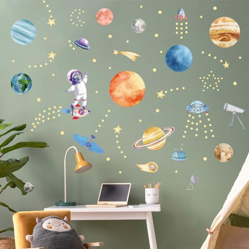 Watercolor Solar System Wall Decals, Glow in The Dark Stars, Kids Planets Sticker for Ceiling, Astronaut Wall Stickers for Bedroom, Green