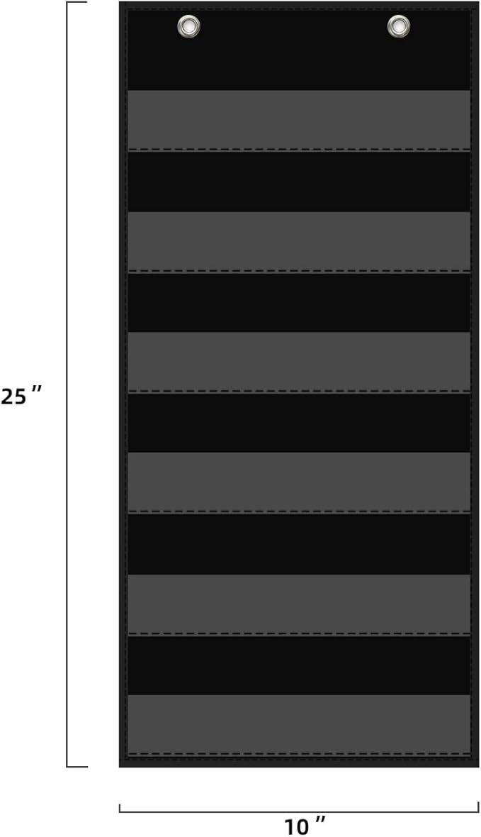 10”W x 25”H Classroom Words Pocket Chart with 6 Clear Pockets, Black Standard Pocket Chart for Classroom and Home for Sentence Strips, Reusable Words Hanging Pocket Chart (Black)
